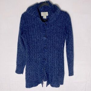 Vintage La Llama Blue Alpaca Blend Knit Button Front Cardigan W Hood M Boho